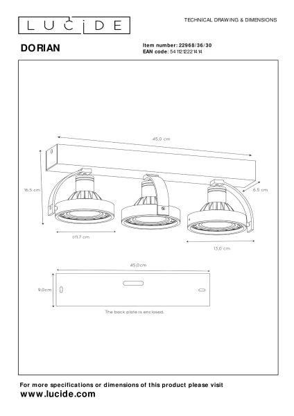 Lucide DORIAN - Plafondspot - LED Dim to warm - GU10 (ES111) - 3x12W 2200K/3000K - Zwart - technisch